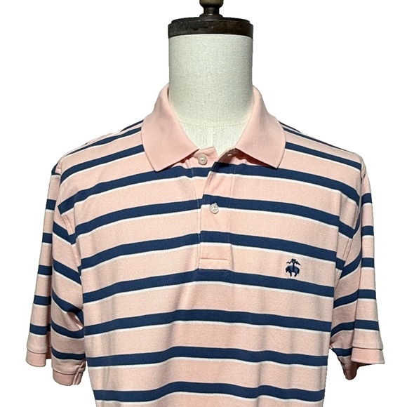 Brooks Brothers Shirt Mens Large Blue Pink Stripe Short Sleeve Polo Preppy Golf - Picture 1 of 8